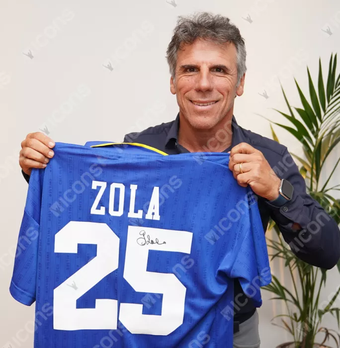 Gianfranco Zola Back Signed Chelsea FC 1997 Home Shirt With Fan Style Numbers: FA Cup Final Edition In Hero Frame: Option 1