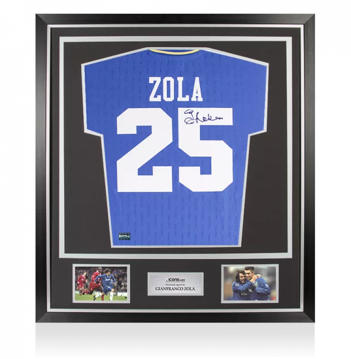 Gianfranco Zola Back Signed Chelsea FC 1997 Home Shirt with Fan Style Numbers: FA Cup Final Edition In Classic Frame