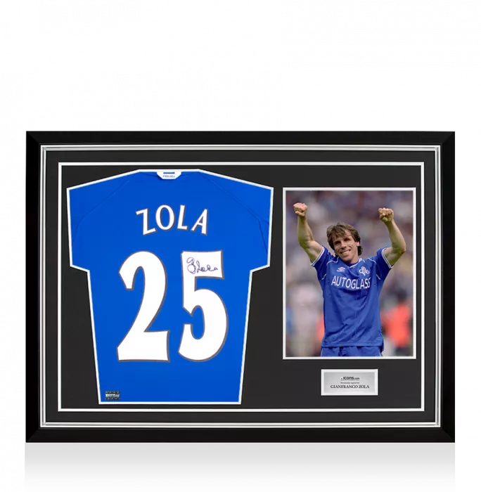 Gianfranco Zola Back Signed Chelsea FC 2000 Shirt with Fan Style Numbers In Hero Frame: Option 1