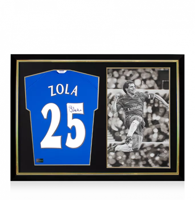 Gianfranco Zola Back Signed Chelsea FC 2000 Shirt with Fan Style Numbers and Original Artwork In Hero Frame: Limited Edition 1/1