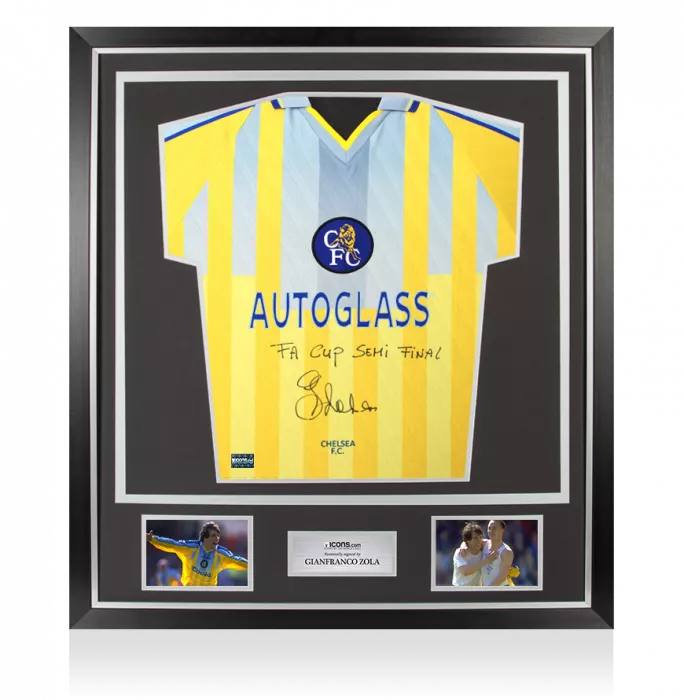 Gianfranco Zola Front Signed Chelsea 1998 Away Shirt - FA Cup Semi-Final Inscription In Classic Frame