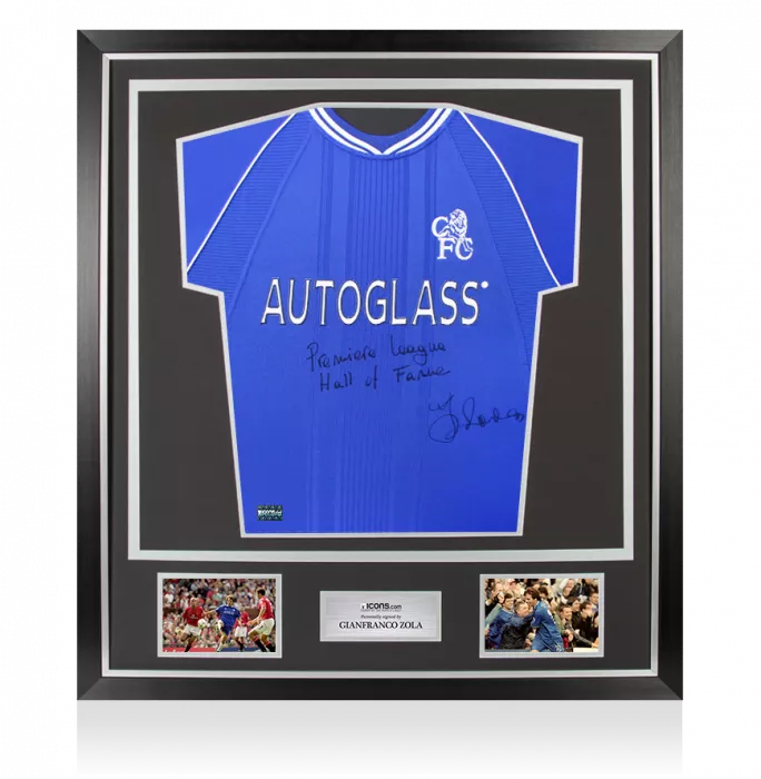 Gianfranco Zola Front Signed Chelsea 2000 Home Shirt - Premier League Hall of Fame Inscription In Classic Frame