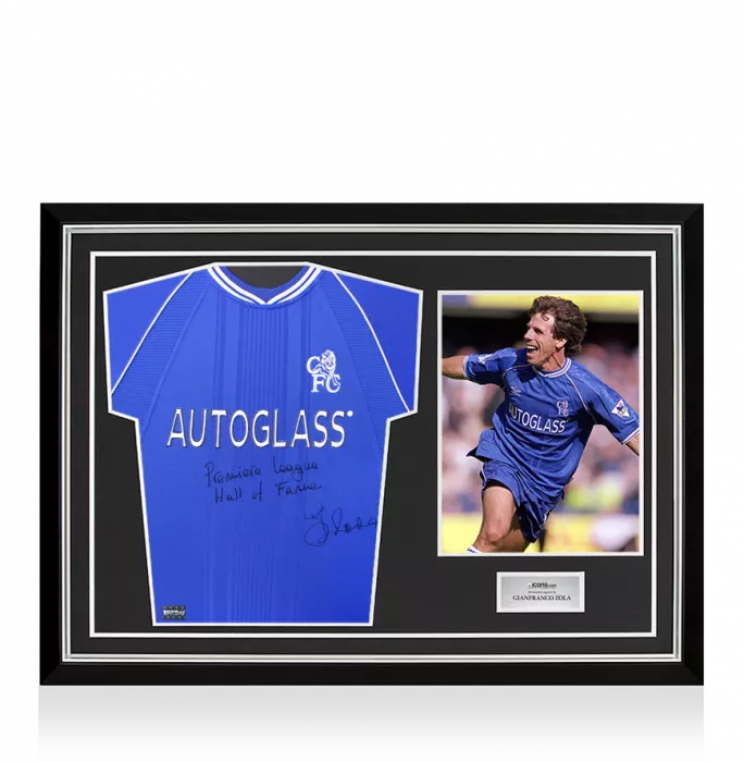 Gianfranco Zola Front Signed Chelsea 2000 Home Shirt - Premier League Hall of Fame Inscription In Hero Frame: Option 1