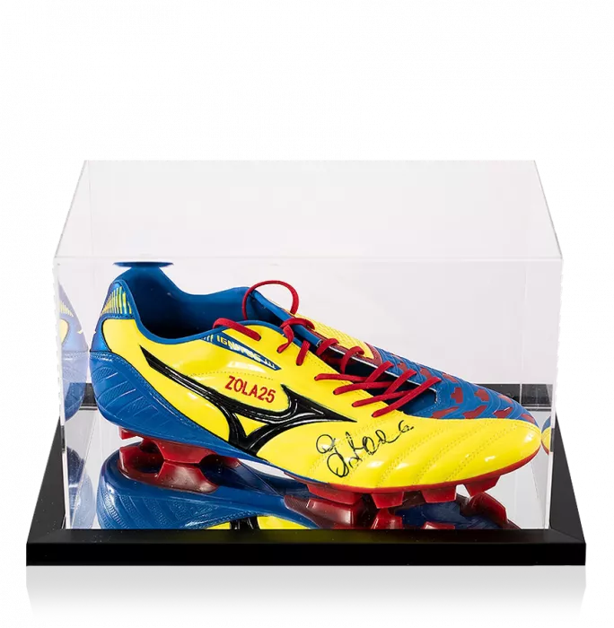 Gianfranco Zola Signed Blue And Yellow Mizuno Boot In Acrylic Case