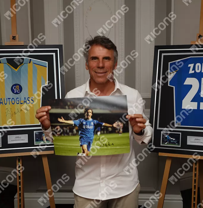 Gianfranco Zola Signed Chelsea Photo In Black Wooden Frame: UEFA Champions League Celebration