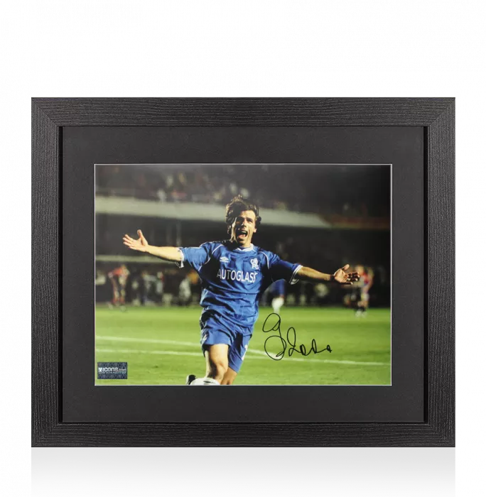 Gianfranco Zola Signed Chelsea Photo In Black Wooden Frame: UEFA Champions League Celebration