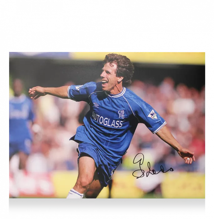 Gianfranco Zola Signed Chelsea Photo In Black Wooden Frame: Premier League Celebration