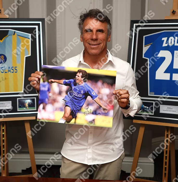 Gianfranco Zola Signed Chelsea Photo In Black Wooden Frame: Premier League Celebration