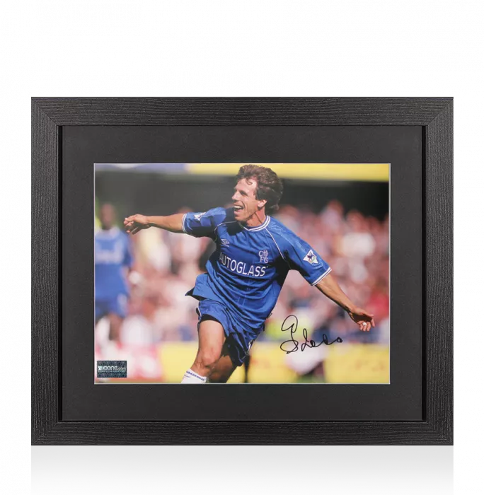 Gianfranco Zola Signed Chelsea Photo In Black Wooden Frame: Premier League Celebration