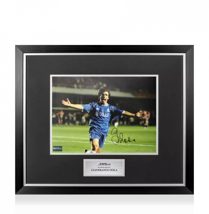 Gianfranco Zola Signed Chelsea Photo In Premium Photo Frame: UEFA Champions League Celebration