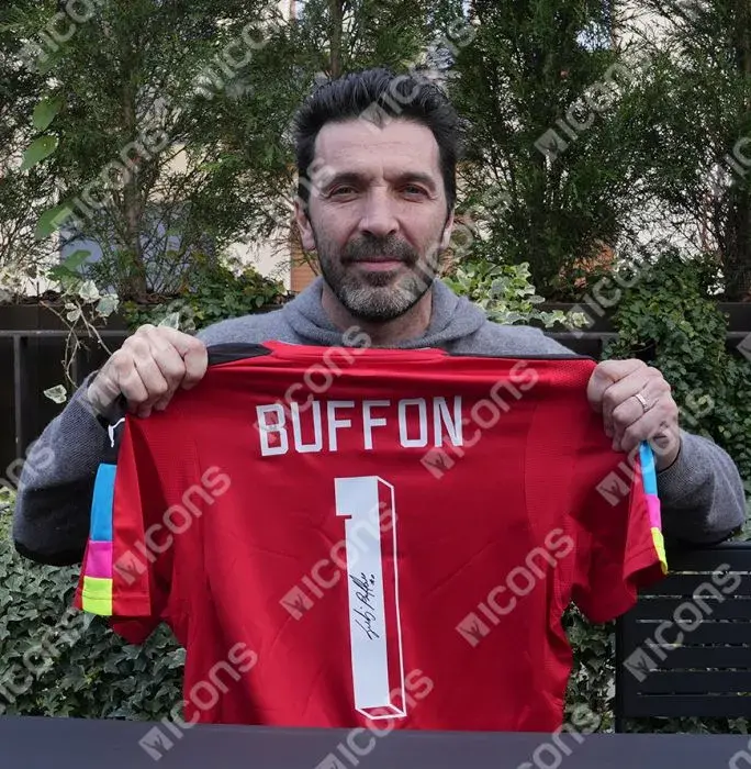 Gianluigi Buffon Back Signed Italy Modern Goalkeeper Shirt With Fan Style Number In Hero Frame: Option 1
