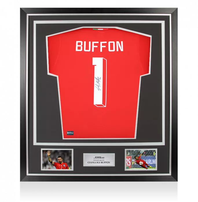 Gianluigi Buffon Back Signed Italy Modern Goalkeeper Shirt with Fan Style Number In Classic Frame