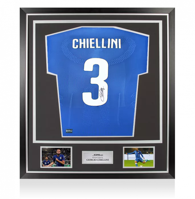 Giorgio Chiellini Back Signed Italy 2014-15 Authentic Home Shirt With Fan Style Number In Classic Frame