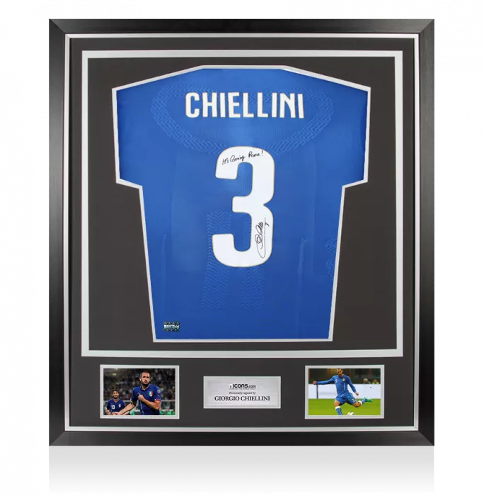 Giorgio Chiellini Back Signed Italy 2014-15 Authentic Home Shirt - "It's Coming Rome " Inscription In Classic Frame