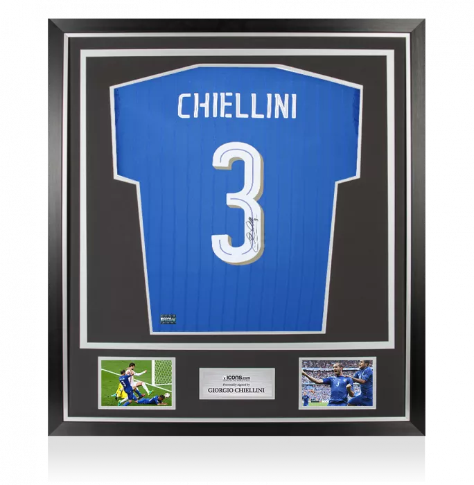 Giorgio Chiellini Back Signed Italy 2016-17 Home Shirt with Fan Style Number In Classic Frame
