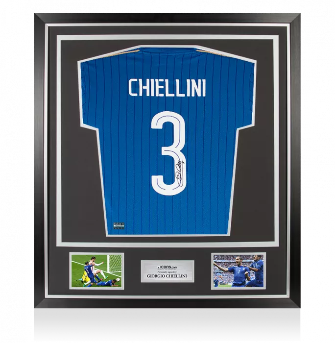 Giorgio Chiellini Back Signed Italy 2016-17 Home Shirt With Fan Style Numbers In Classic Frame
