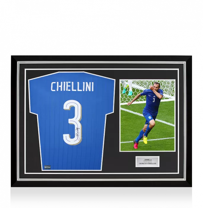 Giorgio Chiellini Back Signed Italy 2016-17 Home Shirt with Fan Style Number In Hero Frame: Option 1