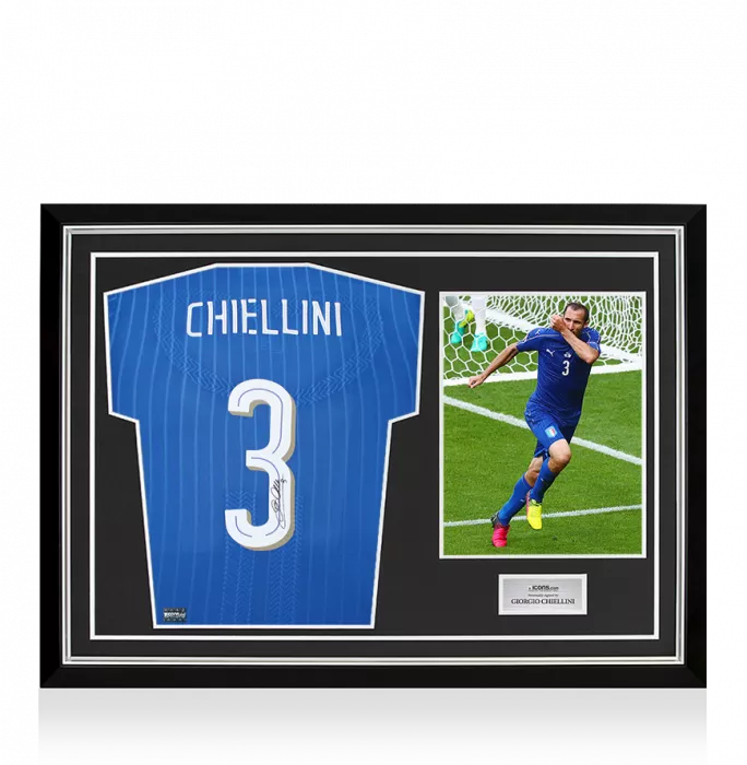 Giorgio Chiellini Back Signed Italy 2016-17 Player Issue Home Shirt with Fan Style Number In Hero Frame: Option 1