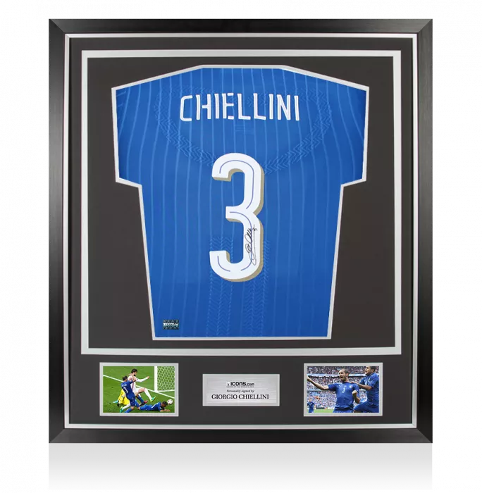 Giorgio Chiellini Back Signed Italy 2016-17 Player Issue Home Shirt with Fan Style Number In Classic Frame