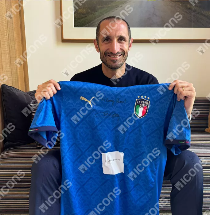 Giorgio Chiellini Front Signed Italy 2020-21 Home Shirt - "It's Coming Rome " Inscription In Classic Frame