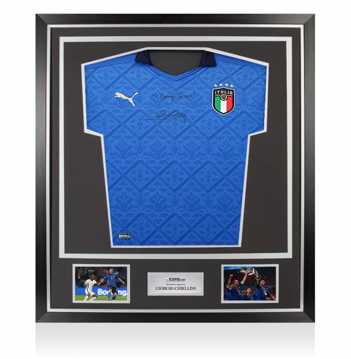 Giorgio Chiellini Front Signed Italy 2020-21 Home Shirt - "It's Coming Rome " Inscription In Classic Frame