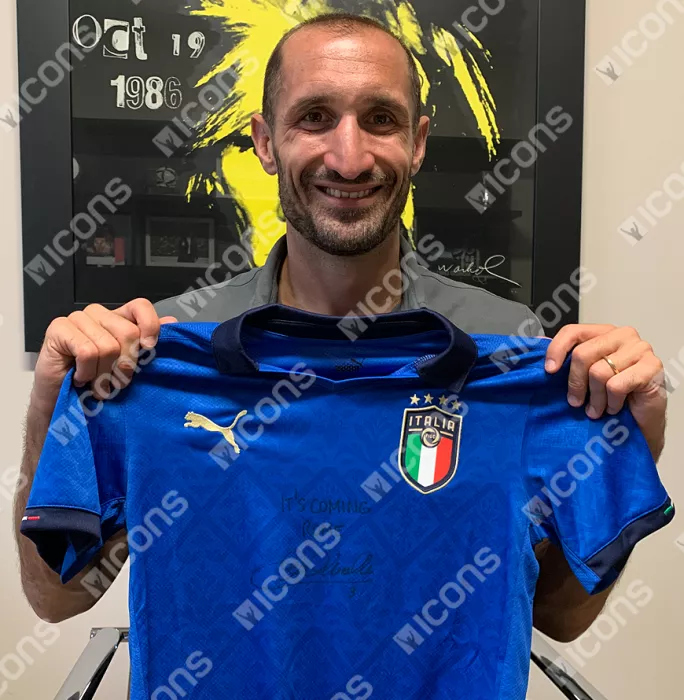 Giorgio Chiellini Front Signed Italy 2020 Home Shirt In Compact Hero Frame: "It's Coming Rome" Special Edition