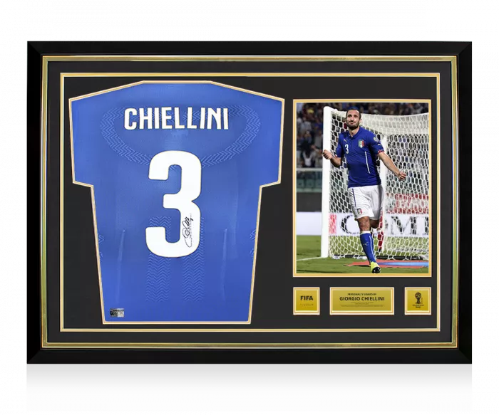 Giorgio Chiellini Official 2014 FIFA World Cup™ Back Signed and Hero Framed Italy 2014-15 Home Shirt with Fan Style Number