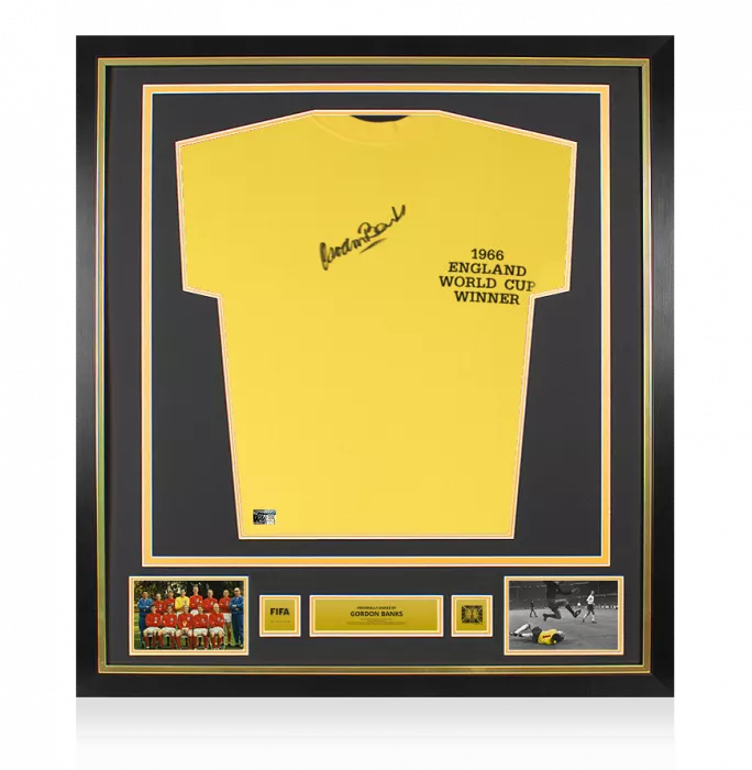 Gordon Banks Official 1966 FIFA World Cup™ Front Signed and Framed Yellow England Goalkeeper Shirt: 1966 Winner's Edition