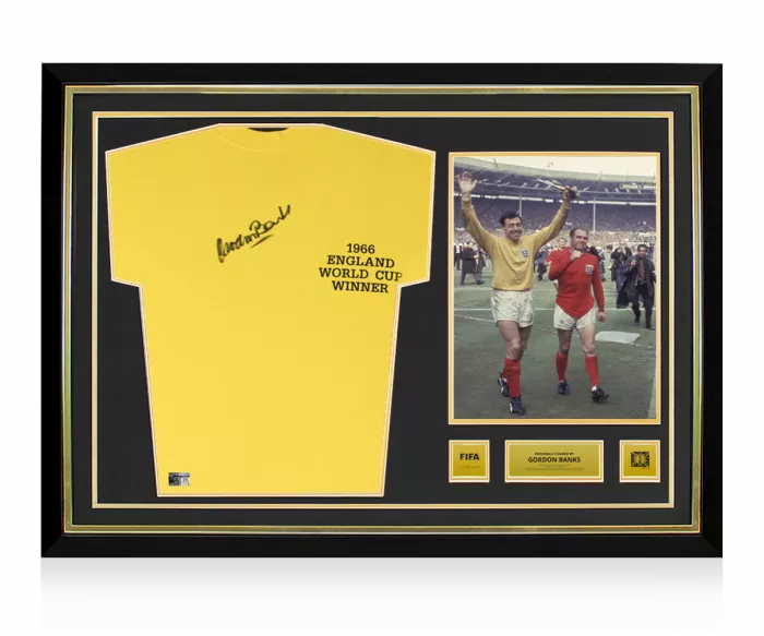 Gordon Banks Official 1966 FIFA World Cup™ Front Signed and Hero Framed Yellow England Goalkeeper Shirt: 1966 Winner's Edition