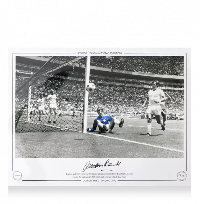 Gordon Banks Signed England Print In Black Wooden Frame: 1970 World Cup Save Vs Brazil