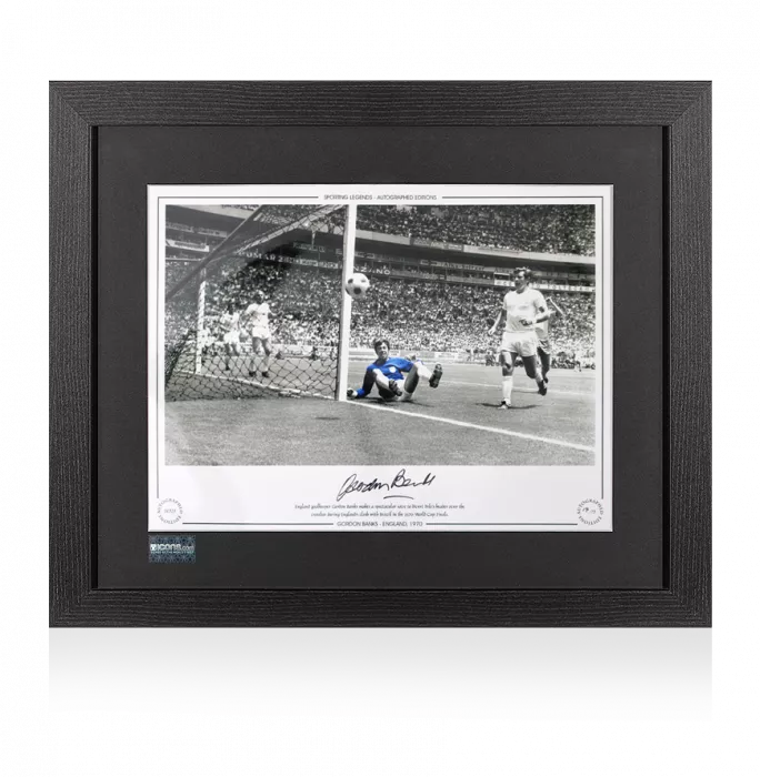 Gordon Banks Signed England Print In Black Wooden Frame: 1970 World Cup Save Vs Brazil