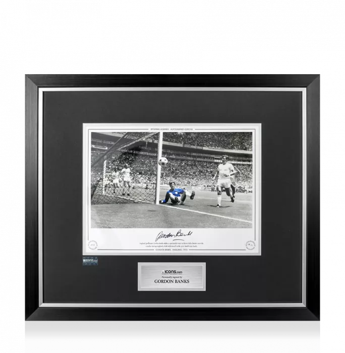 Gordon Banks Signed England Print In Premium Photo Frame: 1970 World Cup Save vs Brazil