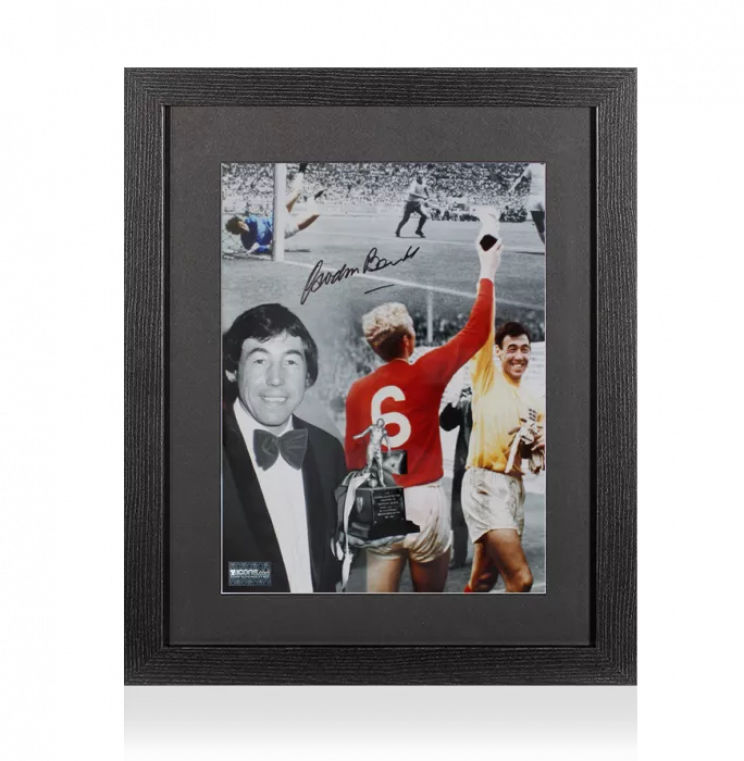 Gordon Banks Signed Montage Photo In Black Wooden Frame: Footballer Of The Year And World Cup Trophies