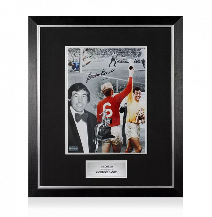 Gordon Banks Signed Montage Photo In Premium Photo Frame: Footballer Of The Year and World Cup Trophies