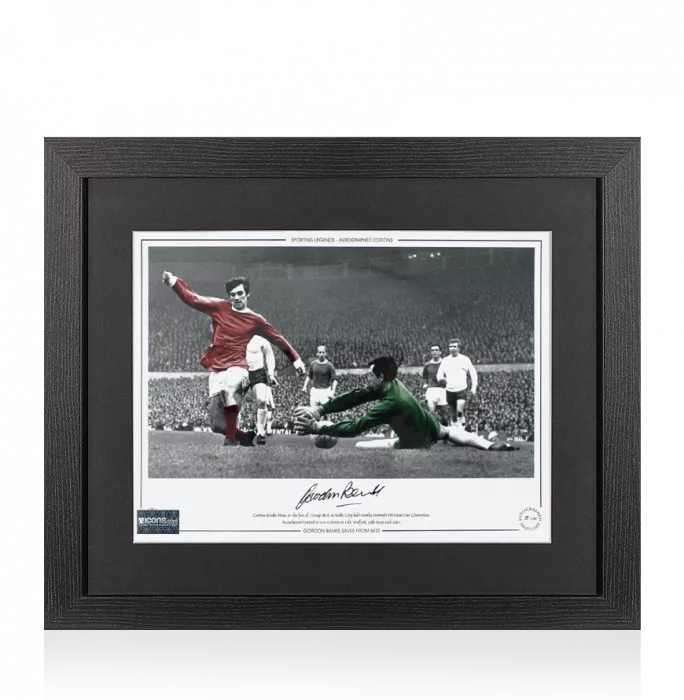 Gordon Banks Signed Stoke City Photo In Black Wooden Frame: Save vs George Best Stoke City v Manchester United 1967