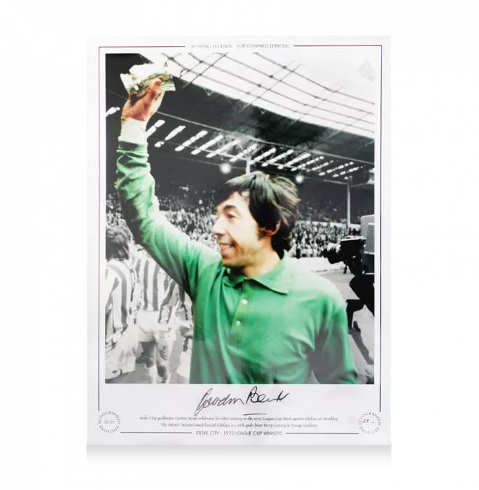 Gordon Banks Signed Stoke City Print In Black Wooden Frame: 1972 League Cup Winners