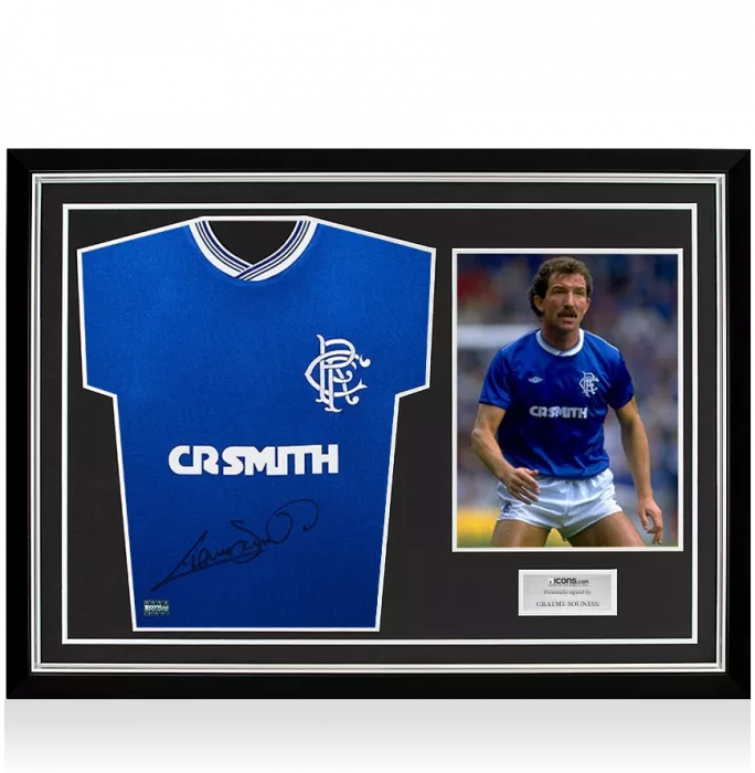 Graeme Souness Front Signed Retro Rangers Shirt: Black Signature Edition In Hero Frame: Option 1