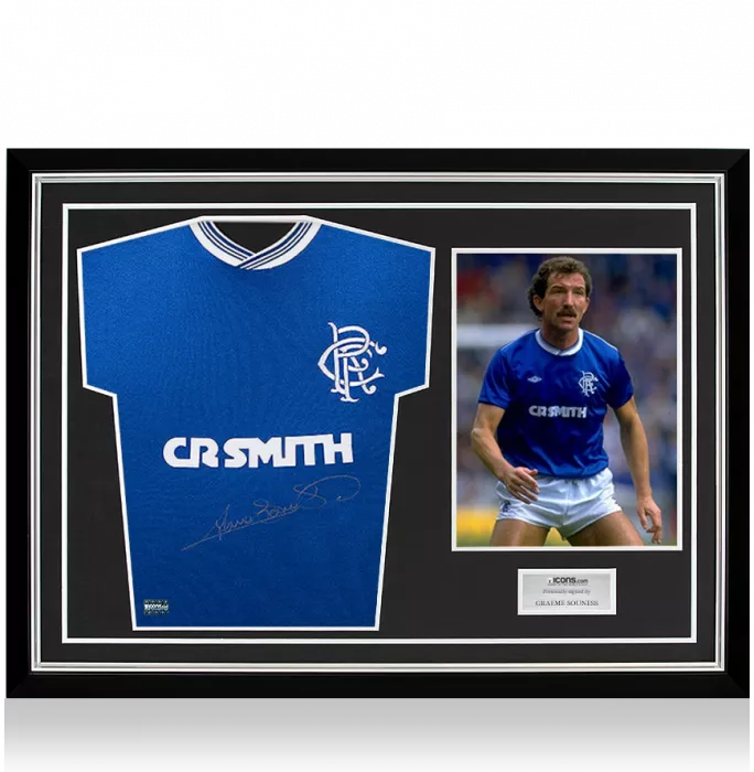 Graeme Souness Front Signed Retro Rangers Shirt: Silver Signature Edition In Hero Frame: Option 1