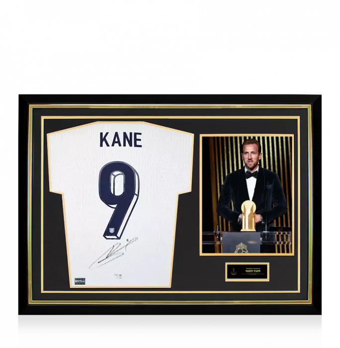 Harry Kane Official Ballon d'Or™ Back Signed and Hero Framed England 2024 Home Shirt: 2024 Gerd Müller Trophy Winner