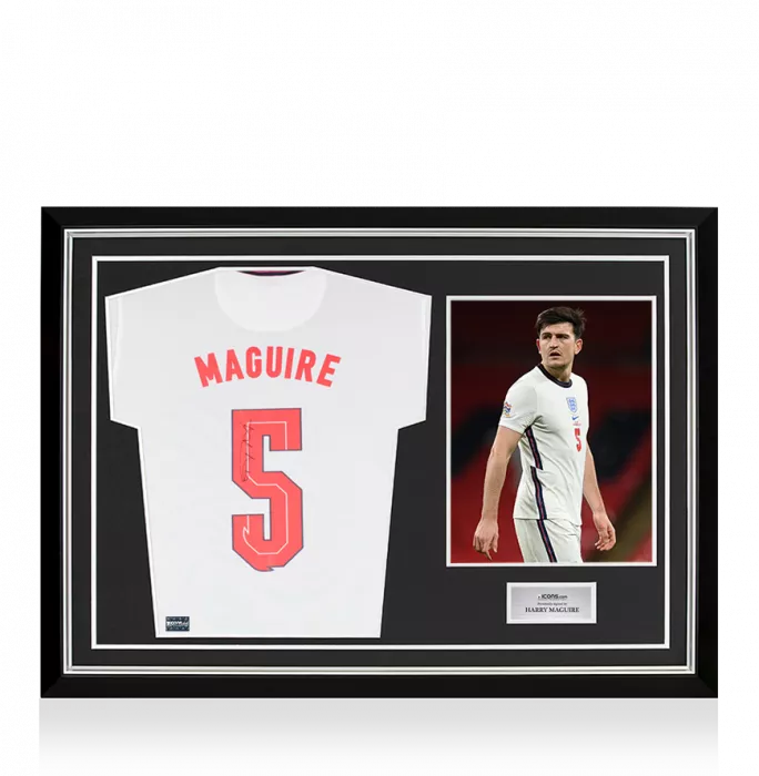 Harry Maguire Back Signed England 2020 Home Shirt With Fan Style Numbers In Hero Frame: Option 1