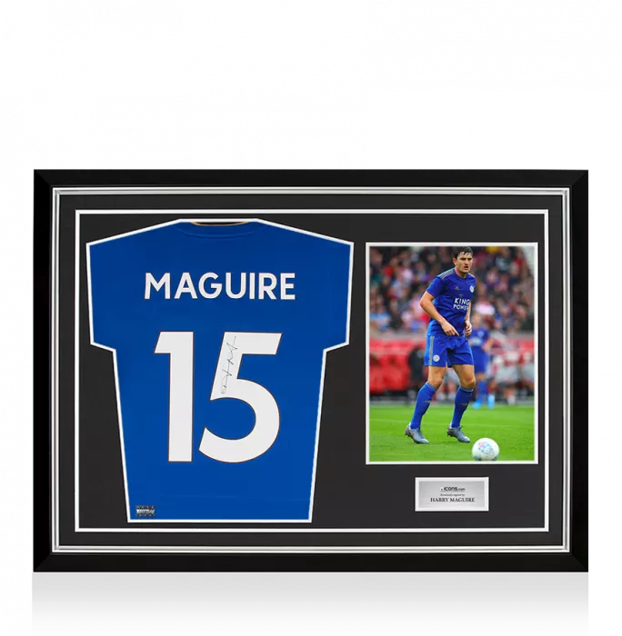 Harry Maguire Back Signed Leicester City 2018-19 Home Shirt With Fan Style Numbers In Hero Frame: Option 1