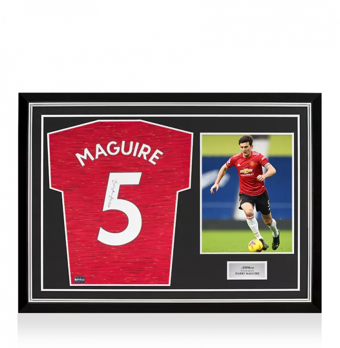 Harry Maguire Back Signed Manchester United 2020-21 Home Shirt With Fan Style Numbers In Hero Frame: Option 1