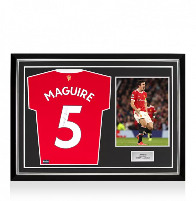 Harry Maguire Back Signed Manchester United 2021-22 Home Shirt With Fan Style Number In Hero Frame: Option 1