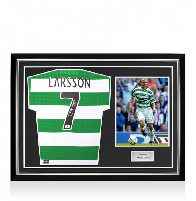 Henrik Larsson Back Signed Celtic Retro Home Shirt In Hero Frame: Option 1