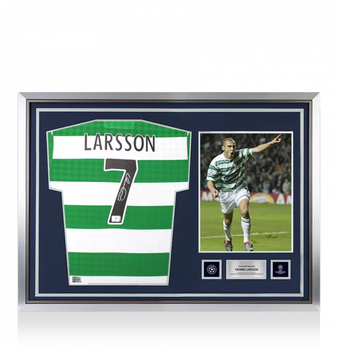 Henrik Larsson Official UEFA Champions League Back Signed and Hero Framed Celtic Retro Home Shirt