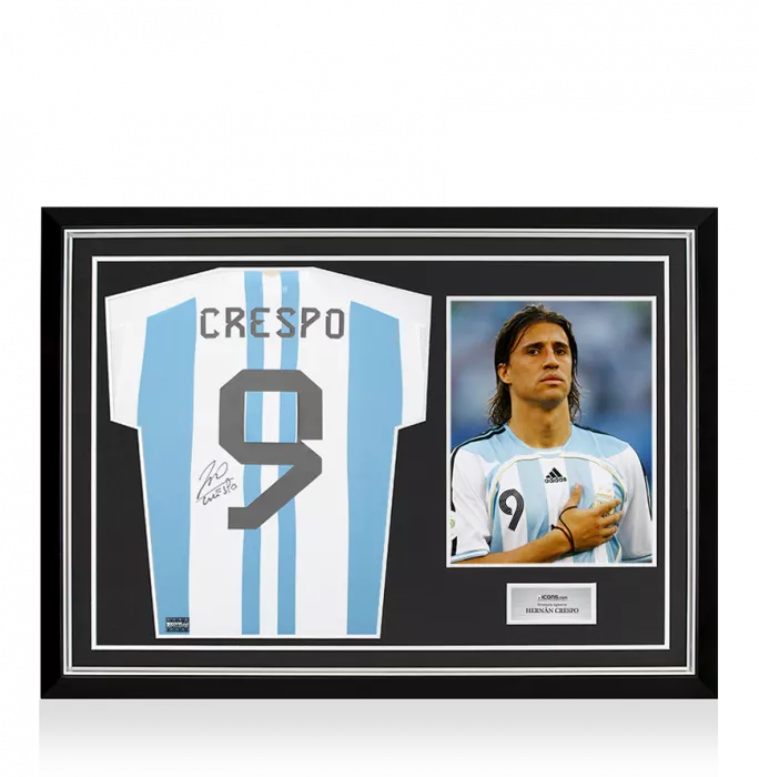Hernan Crespo Back Signed Argentina 2022-23 Home Shirt with Fan Style Number In Hero Frame: Option 1