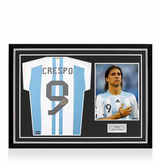 Hernan Crespo Back Signed Argentina 2022 Home Shirt with Fan Style Number In Hero Frame: Option 1