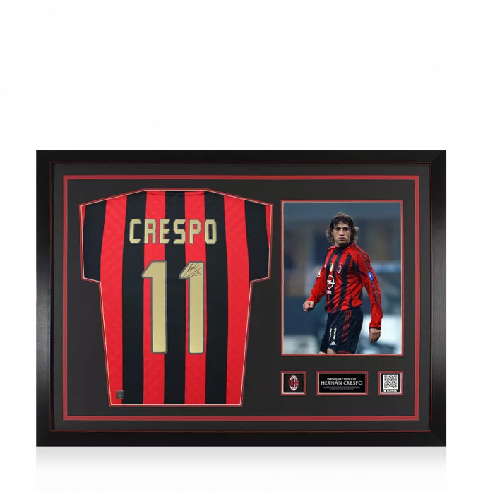 Hernan Crespo Official AC Milan Back Signed and Framed 1996 Home Shirt with Fan Style Number