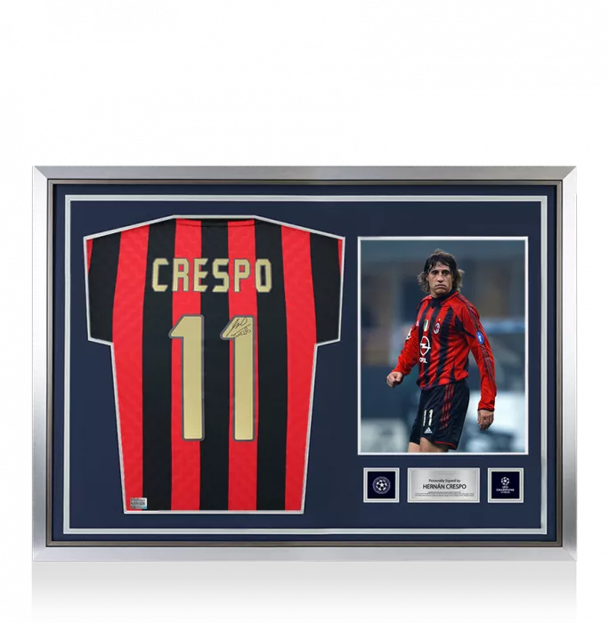 Hernan Crespo Official UEFA Champions League Back Signed and Hero Framed AC Milan 1996 Home Shirt with Fan Style Number