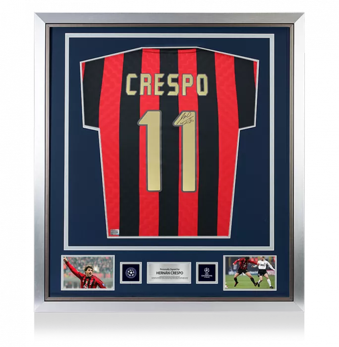 Hernan Crespo Official UEFA Champions League Back Signed and Framed AC Milan 1996 Home Shirt with Fan Style Number